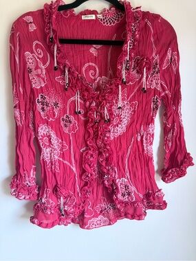 Agora Y2K Pink Floral Ruffle Blouse